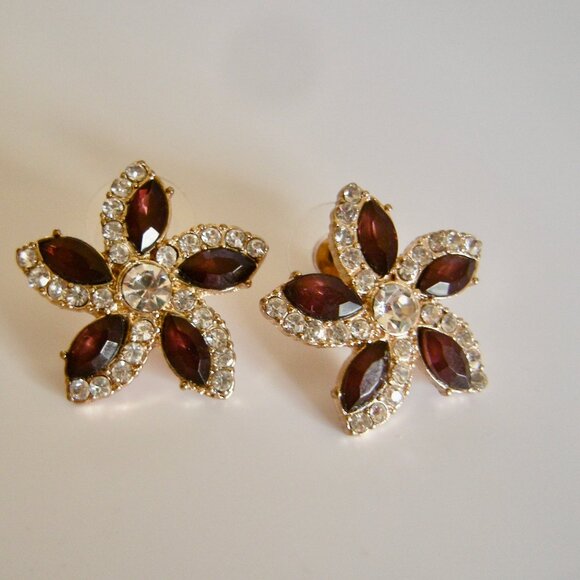 Rhinestone & Purple Cystal Flowers Pierced Post Earrings - Gold Tone - Picture 5 of 6